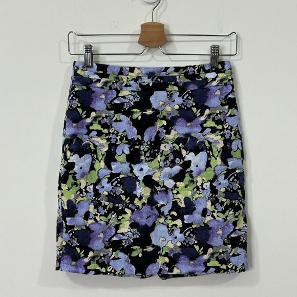 LOFT Mini Skirt 0 Stretch Floral Pencil Black Purple Green Cotton Lined - Picture 1 of 8